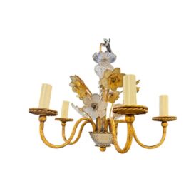 1930 French Chandelier with Murano Glass Flowers 5 Lights