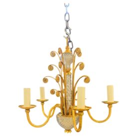 1930 French Gilt Metal and Crystal Chandelier 5 Lights