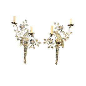 1930's French Bagues Silver Leaf Metal and Crystal Bird Sconces