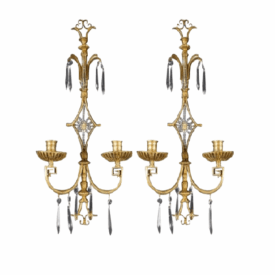 1920’s French Louis XVI Brass and Crystal Sconces