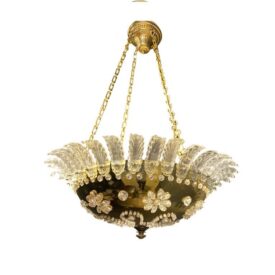 1930’s French Bronze Light Fixture with Glass Leaves