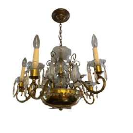 1930s French Bagues Brass Small Chandelier with Crystals 4 Lights