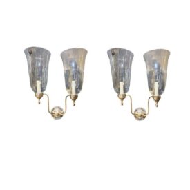 1910 Silver Plate Bronze and Hurricane Glass Sconces Two Lights