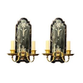 1920’s Caldwell Etched Mirror Sconces with Cobalt Glass