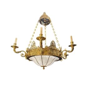 Late 19th Century Caldwell Bronze Chandelier with Leaded Glass