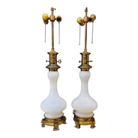 1920 French Opaline Glass Table Lamps with Bronze Base