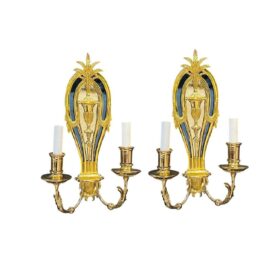 1920 Caldwell Bronze Sconces with Mirror and Cobalt Glass