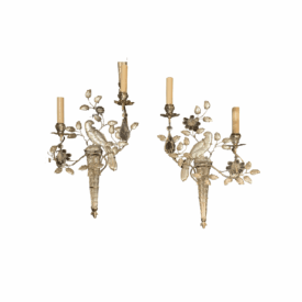 1930 French Bagues Silver Plated and Crystal Birds Sconces