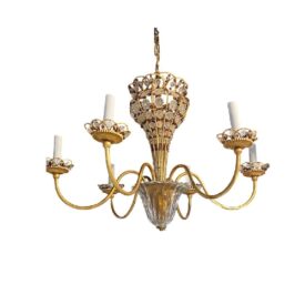 1940 French Bagues Gold Leaf Metal Chandelier 6 Lights